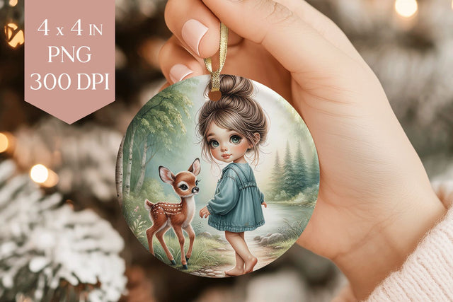Cute Girl and Deer Ornament PNG Sublimation BijouBay 