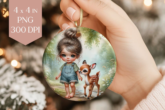 Cute Girl and Deer Ornament PNG Sublimation BijouBay 