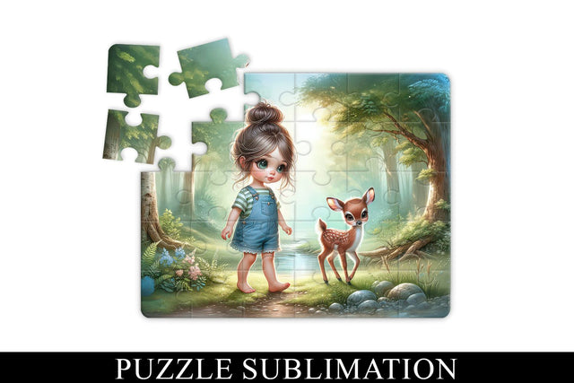 Cute Girl and Deer Puzzle Sublimation PNG Sublimation BijouBay 