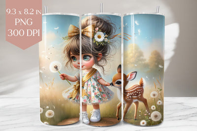 Cute Girl and Deer Tumbler PNG, Floral Kids Sublimation Wrap Sublimation BijouBay 