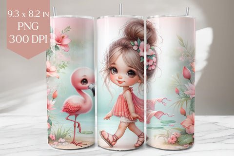 Cute Girl and Flamingo Tumbler Wrap PNG Sublimation BijouBay 