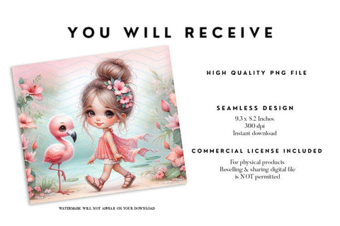 Cute Girl and Flamingo Tumbler Wrap PNG Sublimation BijouBay 