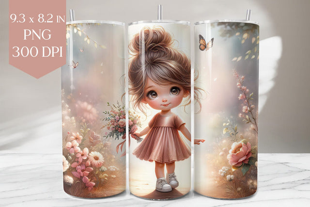 Cute Girl and Flowers Tumbler Wrap PNG Sublimation BijouBay 
