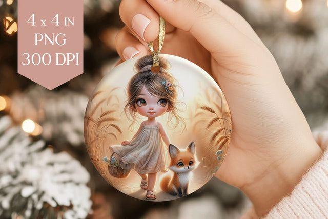 Cute Girl and Fox Ornament PNG Sublimation BijouBay 