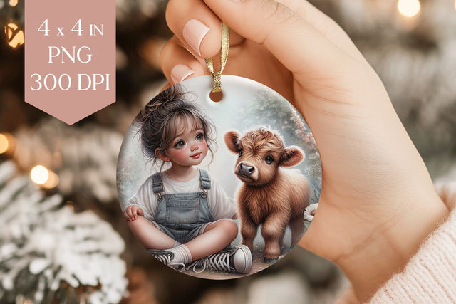 Cute Girl and Highland Cow Ornament PNG Sublimation BijouBay 