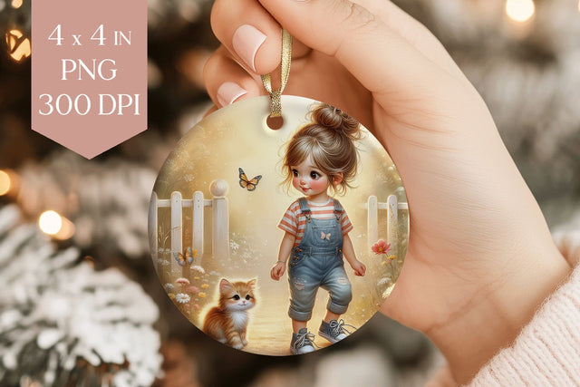Cute Girl and Kitten Ornament PNG Sublimation BijouBay 