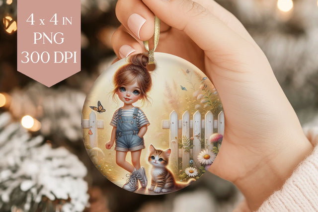Cute Girl and Kitten Ornament PNG Sublimation BijouBay 