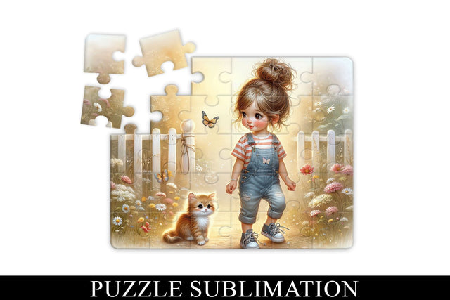 Cute Girl and Kitten Puzzle Sublimation PNG Sublimation BijouBay 