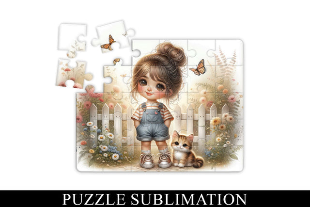 Cute Girl and Kitten Puzzle Sublimation PNG Sublimation BijouBay 