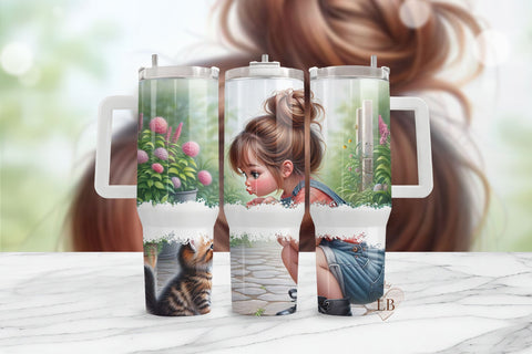 Cute Girl and Kitten Tumbler Wrap, 40oz Sublimation Design Sublimation BijouBay 
