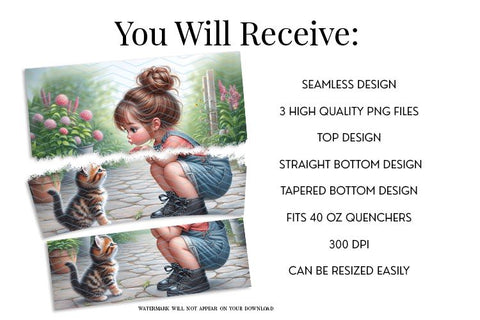 Cute Girl and Kitten Tumbler Wrap, 40oz Sublimation Design Sublimation BijouBay 