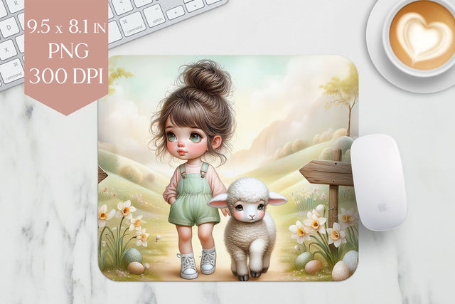 Cute Girl and Lamb Mousepad PNG Sublimation BijouBay 