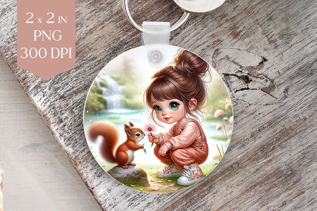Cute Girl and Squirrel Keyring Sublimation PNG Sublimation BijouBay 