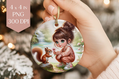 Cute Girl and Squirrel Woodland Ornament PNG Sublimation BijouBay 