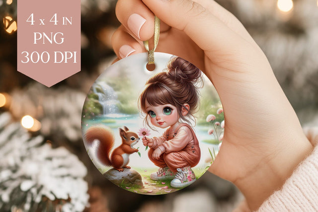 Cute Girl and Squirrel Woodland Ornament PNG Sublimation BijouBay 