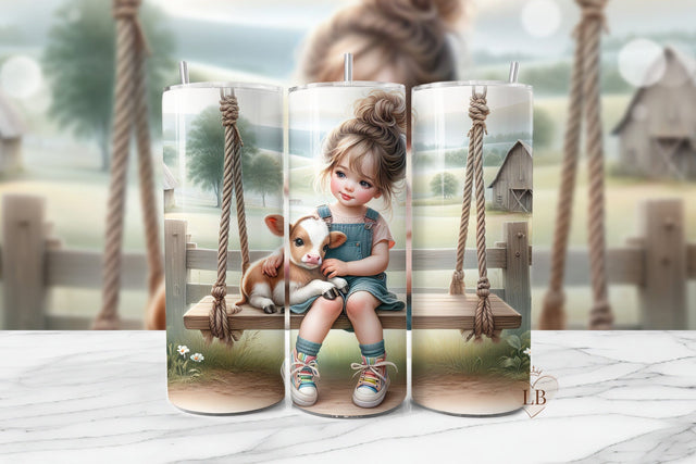 Cute Girl & Baby Cow Farmhouse Tumbler Wrap PNG Sublimation BijouBay 