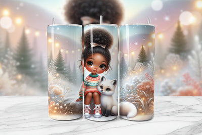 Cute Girl & Baby Fox Seamless Tumbler Wrap PNG Sublimation BijouBay 