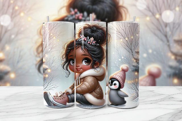 Cute Girl & Baby Penguin Seamless Tumbler Wrap PNG Sublimation BijouBay 