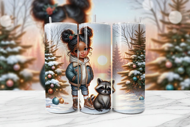 Cute Girl & Baby Racoon Seamless Tumbler Wrap PNG Sublimation BijouBay 
