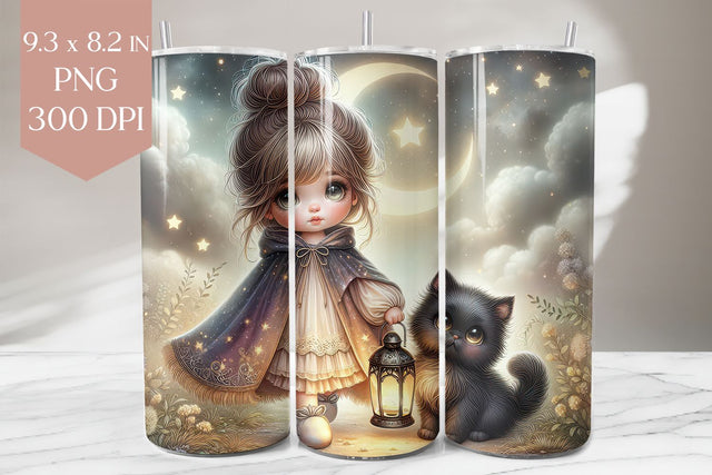 Cute Girl & Black Cat Tumbler Wrap Sublimation BijouBay 