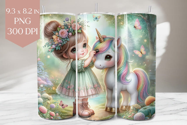 Cute Girl Brushing Unicorn Tumbler Wrap PNG Sublimation BijouBay 