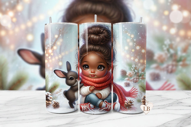 Cute Girl & Bunny Christmas Seamless Tumbler Wrap PNG Sublimation BijouBay 