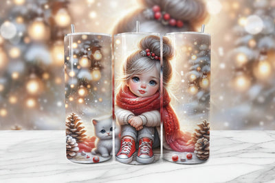 Cute Girl & Kitten Christmas Seamless Tumbler Wrap PNG Sublimation BijouBay 