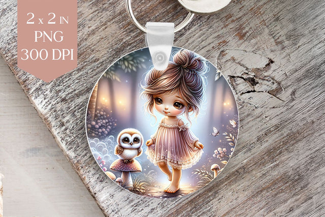 Cute Girl & Owl Keychain PNG Sublimation BijouBay 