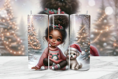 Cute Girl & Puppy Christmas Seamless Tumbler Wrap PNG Sublimation BijouBay 