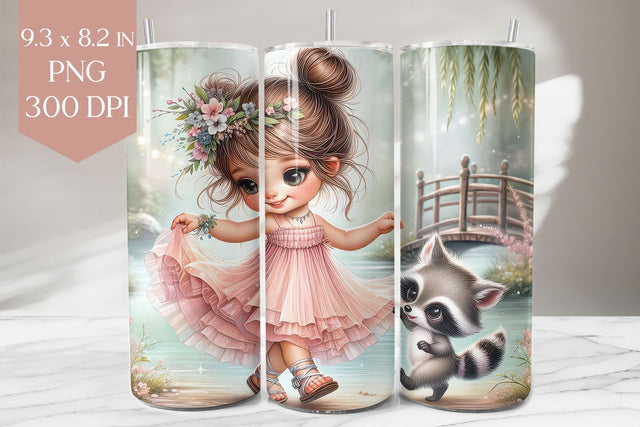 Cute Girl & Raccoon Garden Bridge Tumbler Wrap Sublimation BijouBay 