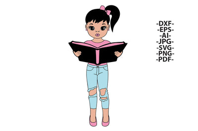 Cute Girl Reading Book SVG PNG JPG DXF PDF Clipart for Teacher Appreciation, School Projects and Educational Crafts SVG 1uniqueminute 