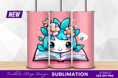Cute girl reading book tumbler png Sublimation Regulrcrative 