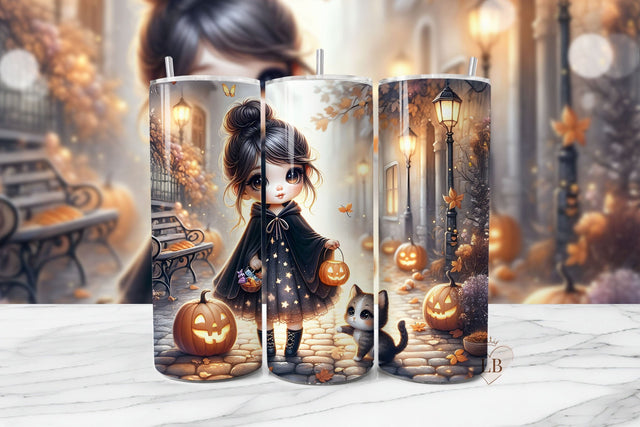 Cute Girl with Cat Fall Tumbler Wrap PNG Sublimation BijouBay 