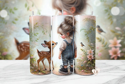 Cute Girl With Deer Seamless Tumbler Wrap PNG Sublimation BijouBay 