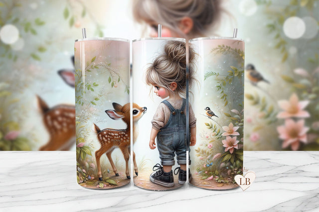 Cute Girl With Deer Seamless Tumbler Wrap PNG Sublimation BijouBay 