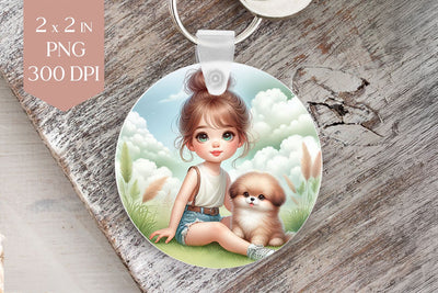 Cute Girl with Puppy in Pastel Meadow PNG Sublimation BijouBay 