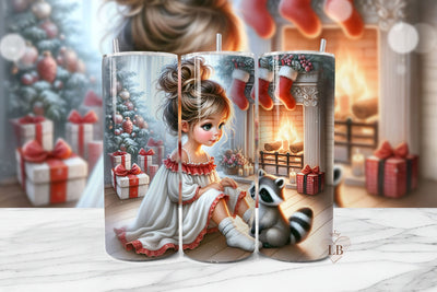 Cute Girl with Raccoon Christmas Tumbler Wrap PNG Sublimation BijouBay 
