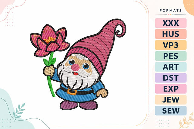 Cute Gnome with Flower Embroidery Design - Spring Garden Gnome Embroidery/Applique DESIGNS sg embroidery 