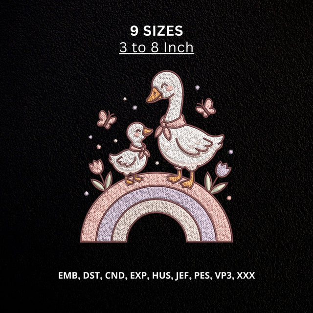 Cute Goose & Baby Rainbow Machine Embroidery Design – Mama Goose Duckling Floral Butterfly Embroidery File Embroidery/Applique DESIGNS PatternFeed8 