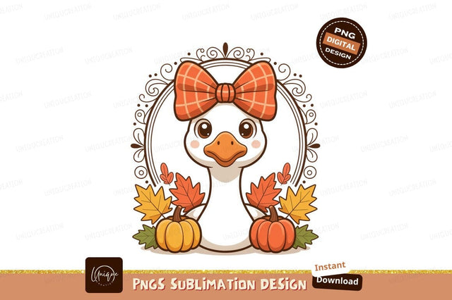 Cute goose wearing plaid bow with pumpkins and leaves Sublimation Designangry 