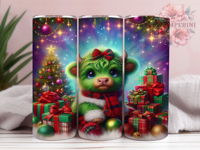 Cute Green Highland Cow Christmas Tumbler, Cute Christmas Cow Wrap, Festive Farm Sublimation, Holiday Highland Cup, 20Oz Skinny Tumbler Wrap, Adorable Cow Mug, Winter Farmhouse Design Sublimation Li Zamperini 