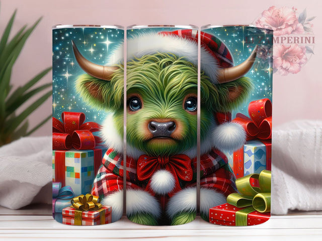 Cute Green Highland Cow Christmas Tumbler, Cute Christmas Cow Wrap, Festive Farm Sublimation, Holiday Highland Cup, 20Oz Skinny Tumbler Wrap, Adorable Cow Mug, Winter Farmhouse Design Sublimation Li Zamperini 
