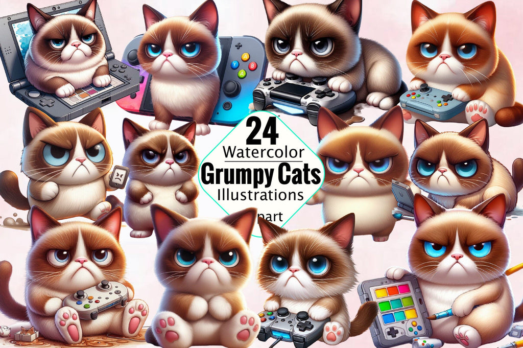 Cute Grumpy Cats Clipart - Funny Cat PNG Bundle - So Fontsy