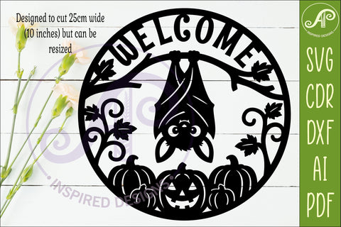 Cute Halloween Bat Welcome Sign SVG Laser Cut File Pumpkin SVG APInspireddesigns 