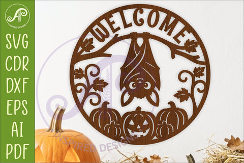 Cute Halloween Bat Welcome Sign SVG Laser Cut File Pumpkin SVG APInspireddesigns 