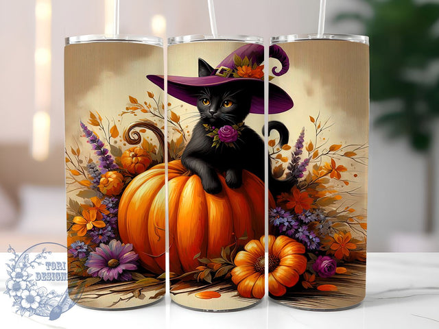 Cute Halloween Black Cat 20oz Skinny Tumbler, Witch Cat Tumbler Png, Straight & Tapered Tumbler Wrap, Instant Digital Download Sublimation ToriDesigns 