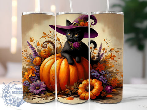 Cute Halloween Black Cat 20oz Skinny Tumbler, Witch Cat Tumbler Png, Straight & Tapered Tumbler Wrap, Instant Digital Download Sublimation ToriDesigns 