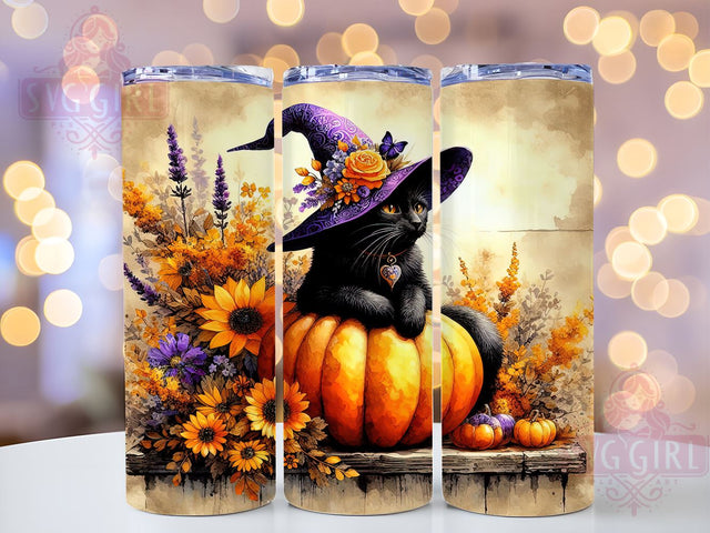 Cute Halloween Black Cat 20oz Tumbler Wrap Sublimation Design, Straight Tapered Tumbler Wrap, Witch Cat & Spooky Pumpkin Tumbler Png, Instant Digital Download Sublimation SvggirlplusArt 