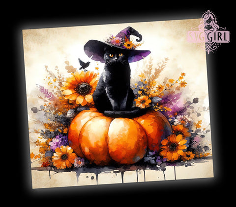 Cute Halloween Black Cat 20oz Tumbler Wrap Sublimation Design, Straight Tapered Tumbler Wrap, Witch Cat & Spooky Pumpkin Tumbler Png, Instant Digital Download Sublimation SvggirlplusArt 