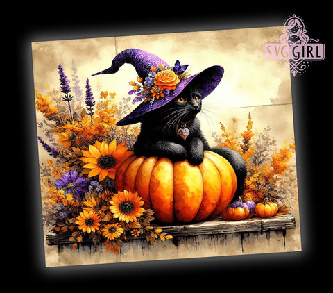 Cute Halloween Black Cat 20oz Tumbler Wrap Sublimation Design, Straight Tapered Tumbler Wrap, Witch Cat & Spooky Pumpkin Tumbler Png, Instant Digital Download Sublimation SvggirlplusArt 